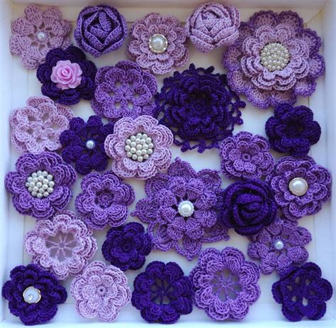 26 crochet flowers. Headband flowers. Scrap flowers. Mix flowers. Pearl flowers. Purple flower ...