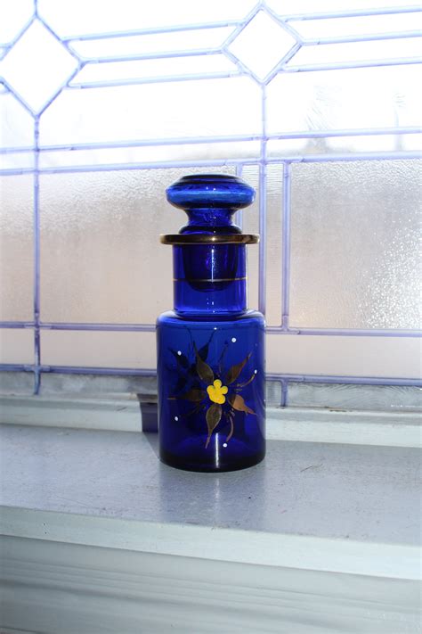Cobalt Blue Glass Jar Bottle With Gold Gilt Hand Painted Flowers