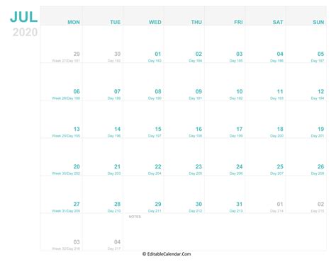 Editable Calendar July 2020
