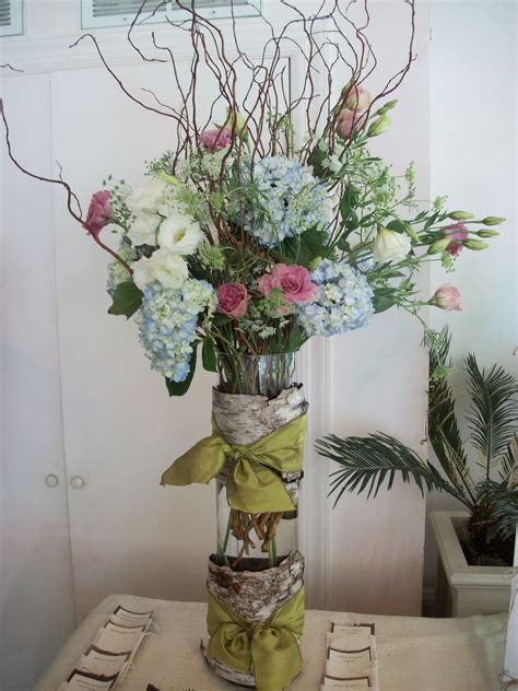White Hydrangea And Curly Willow In A Birch Wrapped Vase Tall Flower
