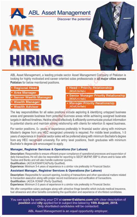 To be successful as a wealth manager, you should have the ability to explain complex information, be confident, and have good sales and negotiation skills. ABL Asset Management Company Jobs 2018 August Area ...
