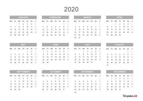 2020 Year At A Glance Calendar Template Calendar Template Printable