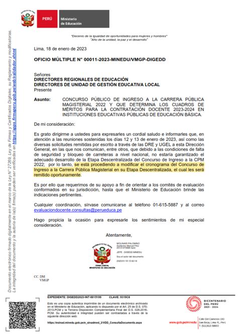 Oficio Múltiple Nº 011 2023 Sobre La Modificación Del Cronograma Del