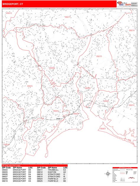 bridgeport connecticut zip code wall map red line style by marketmaps mapsales