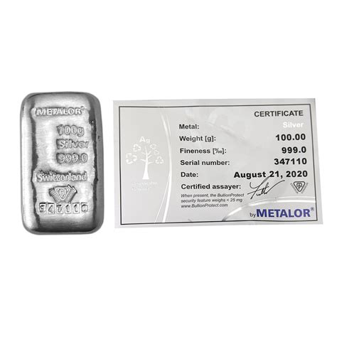 100 Gram Metalor Bar With Certificate Mad 4 Silver Silver Coins