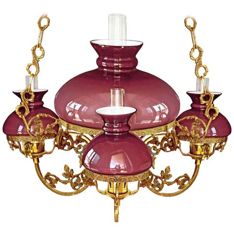Antique French Victorian Pink Glass Shades And Bronze Hanging Oil Lamp