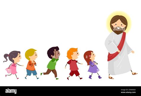 Illustration Of Stickman Kids Walking To The Right Following Jesus