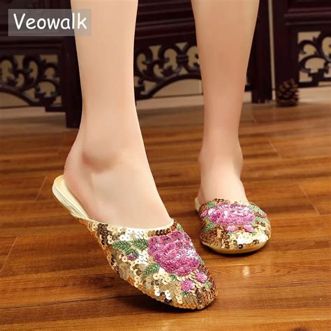 veowalk handmade vintage women s slippers flat heel ladies chinese bling sequins flower soft