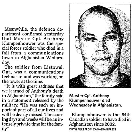 Anthony Mark Klumpenhouwer The Canadian Virtual War Memorial Veterans Affairs Canada