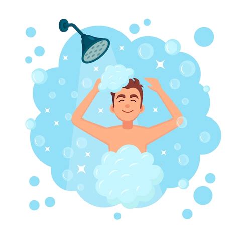 Hombre feliz tomando ducha en el baño Vector Premium