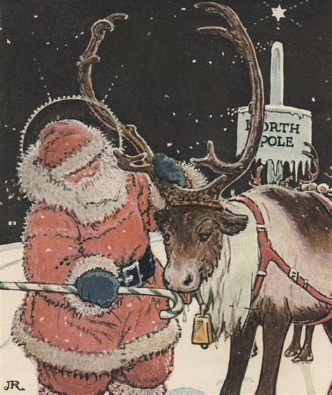 illustration of santa feeding reindeer candy cane posters and prints by john rae