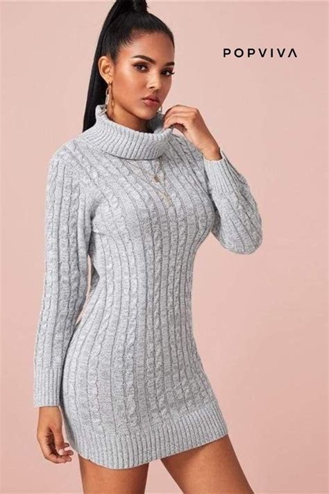 Grey Turtleneck Cable Knit Sweater Mini Dress Cable Knit Sweater