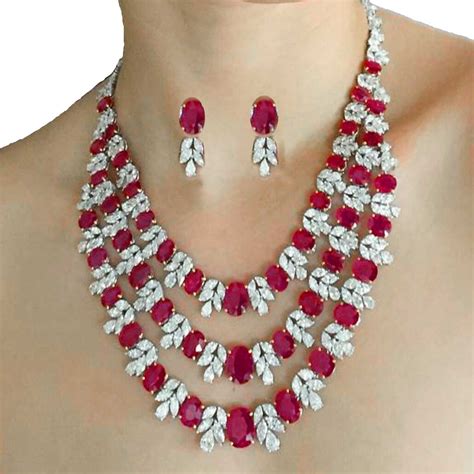 Sterling Silver Heavy Bridal Ruby Necklace With Earrings Gleam Jewels