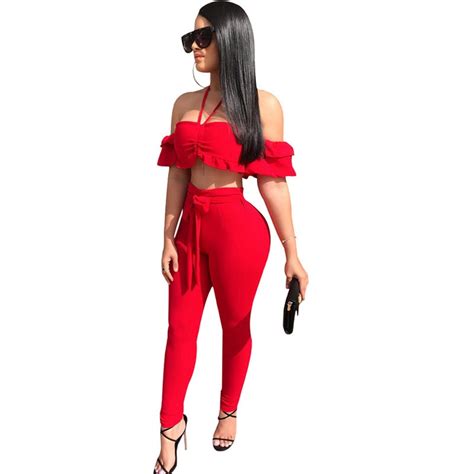 buy red sexy 2 piece set women ruffle off the shoulder crop top and pants set