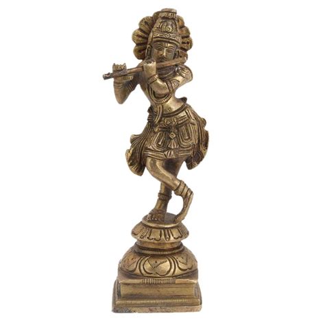 Brass Krishna Idol Statue Playing Flute For Worship