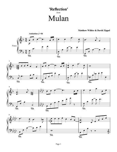 Mulan Reflection True Piano Transcriptions