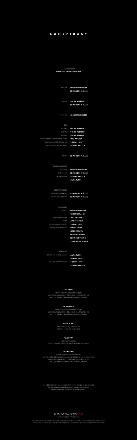 A list of those responsible for the production of a film or television programme | meaning, pronunciation, translations and examples. CONSPIRACY - Movie Title & Credits Design on Behance