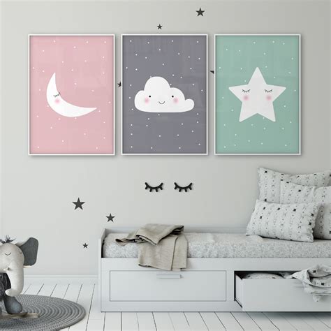Star Cloud Moon Nursery Decor Nursery Art Set Of 3 Poster Baby Room