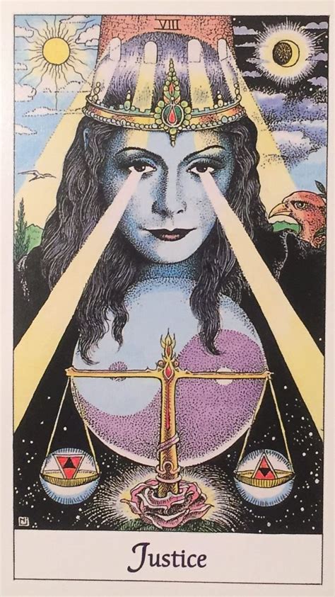 A Tarot Card With An Image Of A Woman Holding A Scale And The Words Justice