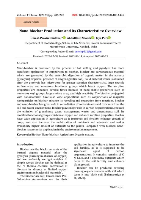 Pdf Nano Biochar Production And Its Characteristics Overview