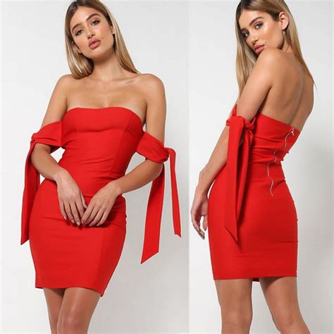 Elegant Sexy Off Shoulder Red Dress Backless Short Ladies Slim Party Bodycon Dresses Women