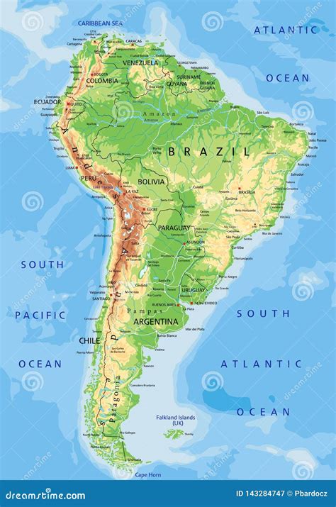 High Detailed South America Physical Map With Labeling Stock Vector
