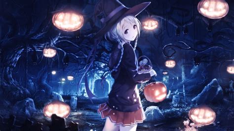 1920x1080 Anime Girl Witch Hat White Hair Dark Forest Pumpkins