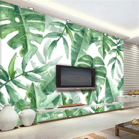 Nordic Small Fresh Tropical Plant Leaves Mural Wallpaper Living Room