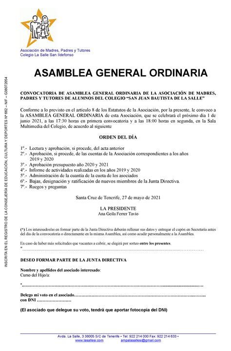 Asamblea General Ordinaria Del Ampa Colegio La Salle San Ildefonso