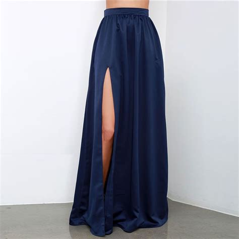Elegant Navy Blue Long Skirts High Waist Sexy Side Slit Satin Floor Length Formal Skirts For