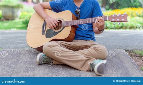 Boy Playing Guitar In Nature Park Outdoor Stock Image Image Of