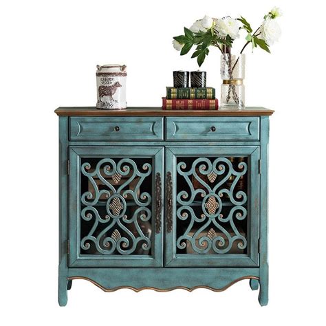 Farmhouse Distressed Blue 2 Door Accent Cabinet With Drawers And Storage