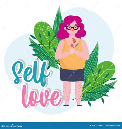 Fat Woman With Flower Cartoon Character Self Love Stock Vector