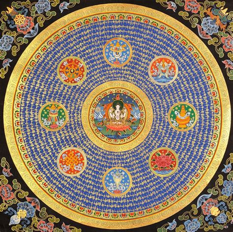 large chenrezig mandala with ashtamangala tibetan buddhist exotic india art Тибетское