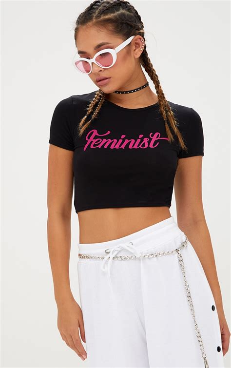 Feminist Slogan Black Crop Top Tops Prettylittlething