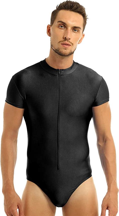 Doomiva Mens Short Sleeves Front Zipper Stretch Bodycon Bodysuit