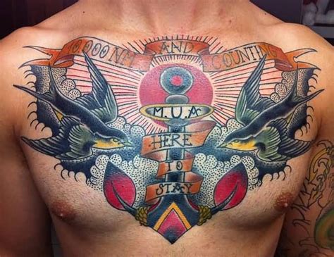 Traditional Anchor With Flying Birds And Banner Tattoo On Man Chest