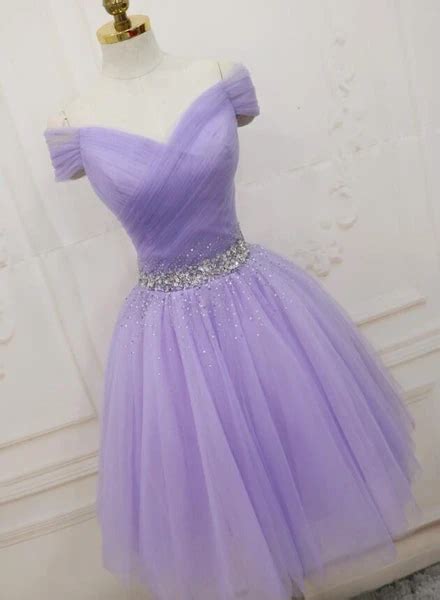 Lovely Light Purple Beaded Short Party Dress Off Shoulder Homecoming Purple Homecoming Dress