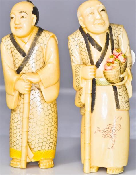 Antique Chinese Pair Of Polychrome Ivory Figurines