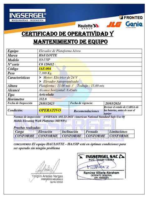 Certificado De Operatividad Y Mantenimiento De Equipo Pdf