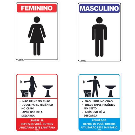 kit 4 placas de sinalização banheiro feminino masculino regras de uso pvc 15x20cm 15x15cm