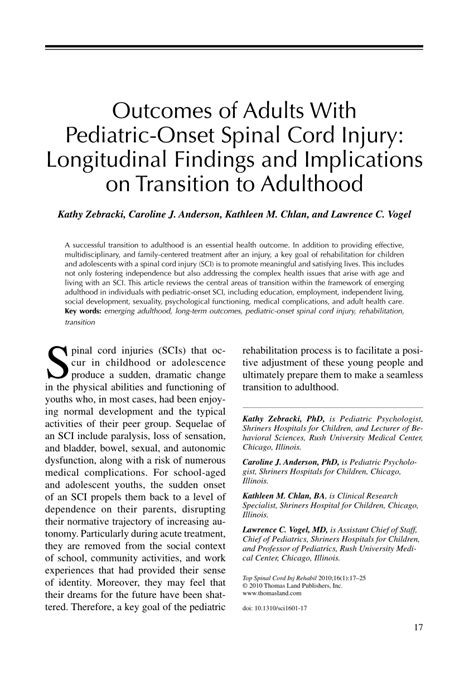 Pdf Outcomes Of Adults With Pediatric Onset Spinal Cord Injury Longitudinal Findings And