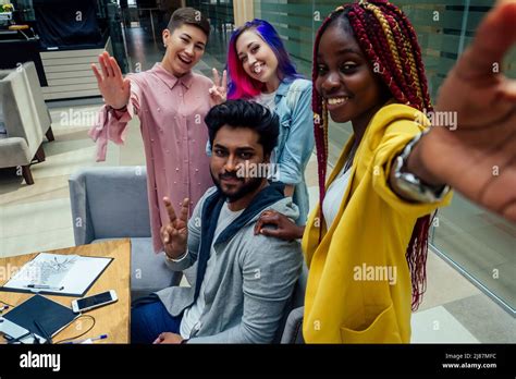 Multiracial Business Group Working Taking Selfie Portrait On Camera Smartphone At Modern Office