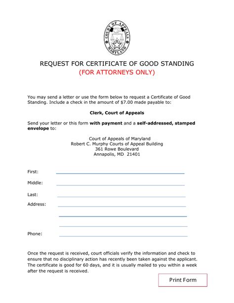 Maryland Request For Certificate Of Good Standing For Attorneys Only Fill Out Sign Online