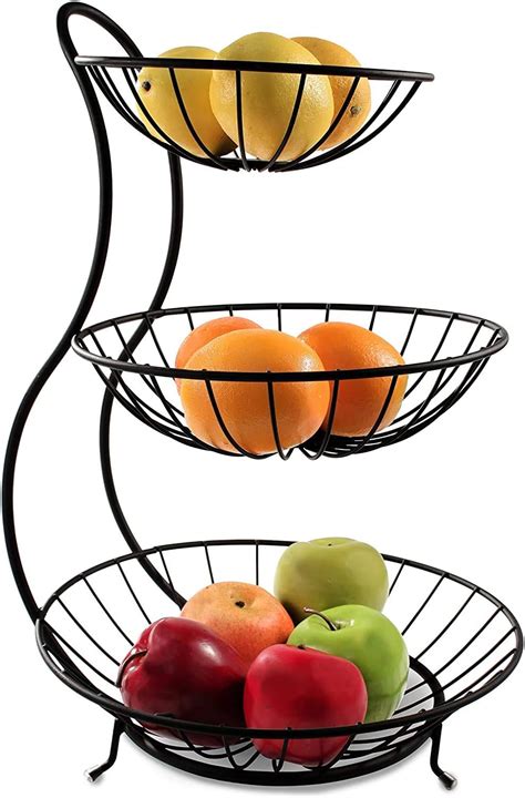 3 Tier Fruit Bowl Countertop Metal Fruit Basket Black Fruit Bowl