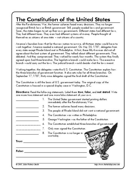 The Constitution Of The United States Worksheet For 4th 6th Grade