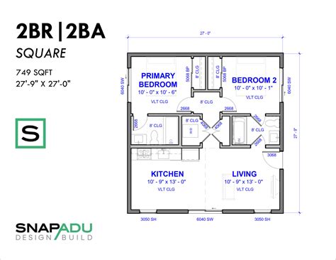 Adu Floorplan 2 Bedroom 2 Bath Plan Under 750 Sqft Snap Adu