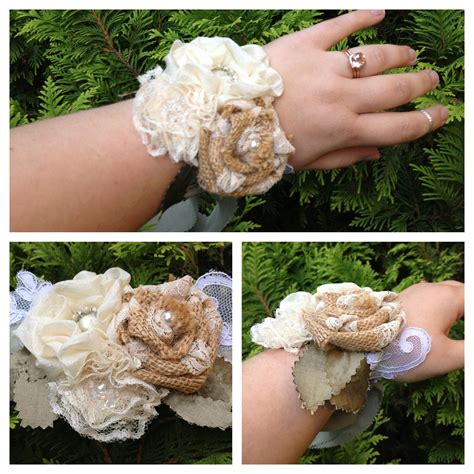 Wedding Wrist Corsage Burlap Ivory Boho Rustic Vintage Eco Recycled