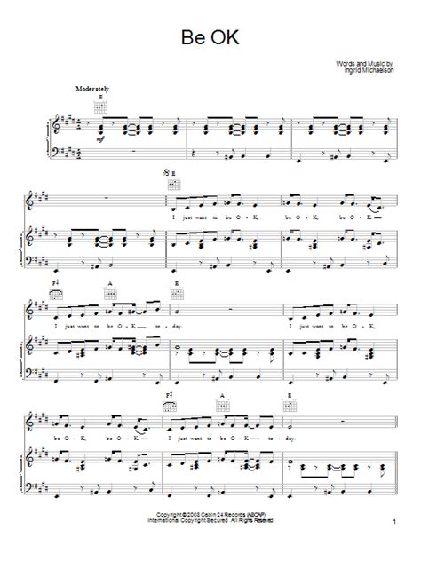 Be Ok Sheet Music Ingrid Michaelson Piano Vocal And Guitar Chords Right Hand Melody
