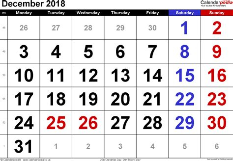 Calendar December 2018 Uk Bank Holidays Excelpdfword Templates